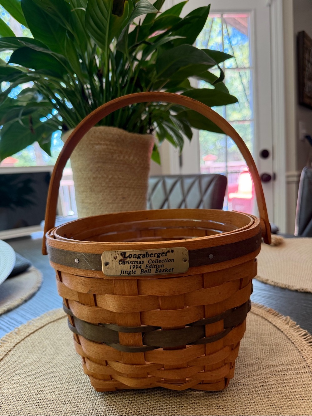 Longaberger vintage 1994 Jingle Bell Brown Woven Wood Basket with Brass Plaque